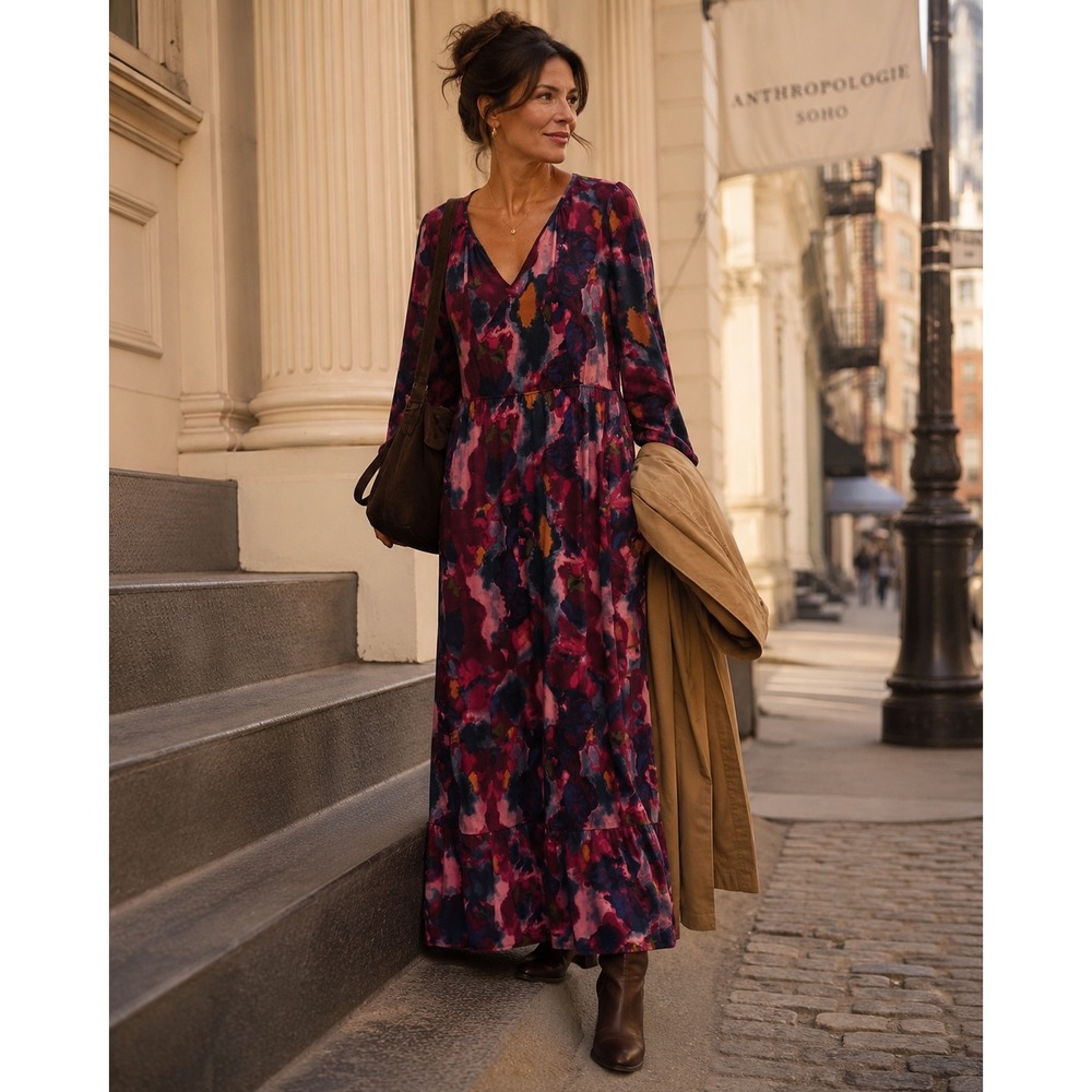 Gilli Maxi Dress Sz Large Purple Abstract Watercolor dark romantic Boho tiered